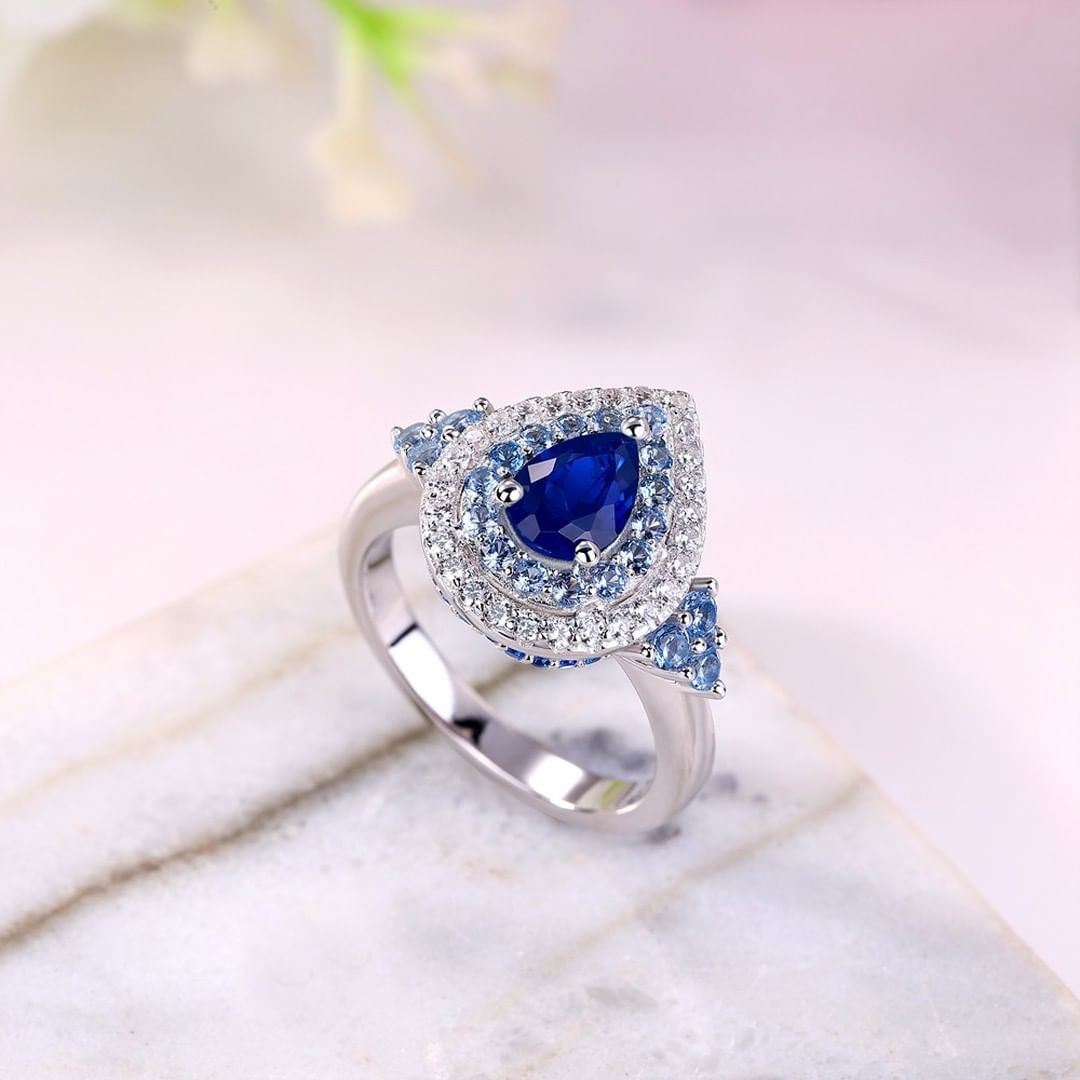 3.2CT Blue Pear Cut Double Halo Ring | Modern Bridal Ring | Fashionable Ring | Special Occasion Ring