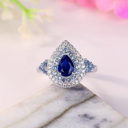 3.2CT Blue Pear Cut Double Halo Ring | Modern Bridal Ring | Fashionable Ring | Special Occasion Ring