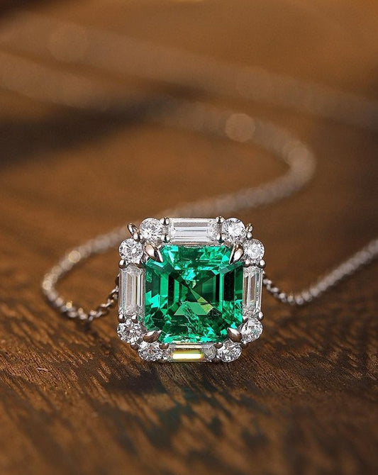 2.85Ct Green Asscher Cut Halo Pendant | Wedding Gift Pendant For Bridal | Ice Crushed Pendant | Birthstone Pendant