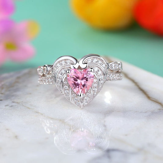 2.6Ct Pink Heart Cut Solitaire Ring Set | Proposal Ring Set | Lovely Ring Set | Bridal Ring Set