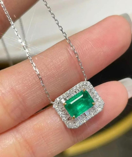 2.95Ct Green Emerald Cut Halo Pendant | Party Wear Pendant | Designer Pendant For Her | Women Jewelry