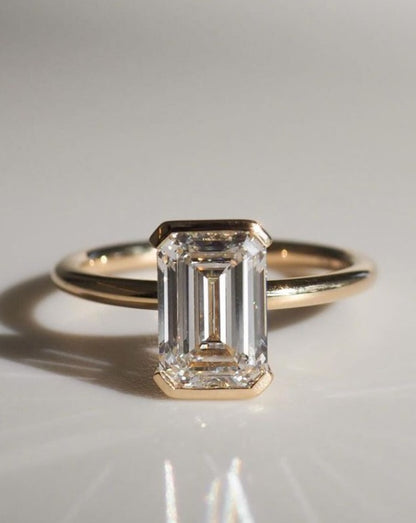 3.20Ct White Emerald Cut Half Bezel Ring | Luxury Jewelry | Anniversary Gift Ring For Women