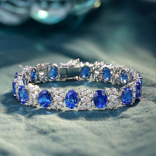 Blue Oval And White Pear And Marquise Brilliant Cut Signity Diamond Solitaire With Cluster Tennis Bracelet For Women | Party Wear Tennis Bracelet | Beautiful Designer Bracelet