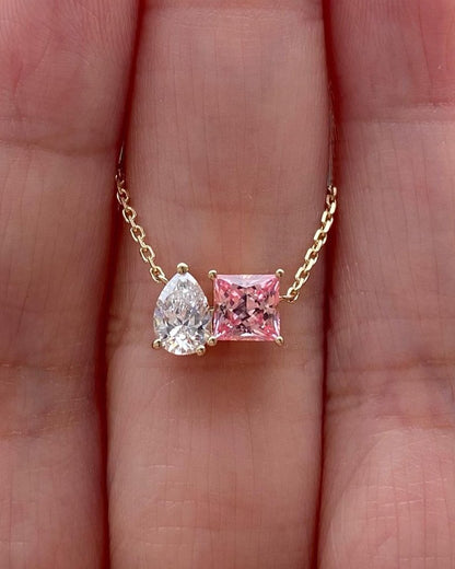 2.88Ct White Pear And Light Pink Princess Cut Two Stone Pendant | Toi Et Moi Pendant | Minimalist Pendant For Her | Surprise Gift Pendant For Women