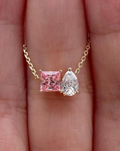 2.88Ct White Pear And Light Pink Princess Cut Two Stone Pendant | Toi Et Moi Pendant | Minimalist Pendant For Her | Surprise Gift Pendant For Women