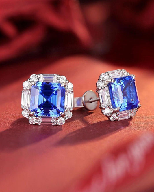 Blue Asscher Cut Cubic Zirconia Halo Stud Earring For Her | Party Wear Earring For Women | Fashion Jewelry | Elegance Design Earring