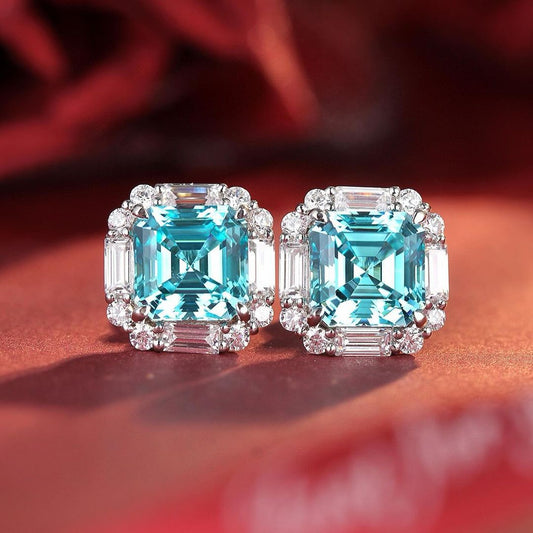 Aquamarine Asscher Cut Cubic Zirconia Halo Stud Earring For Her | Fashionable Gift For Women | Brides Maid Wedding Gift