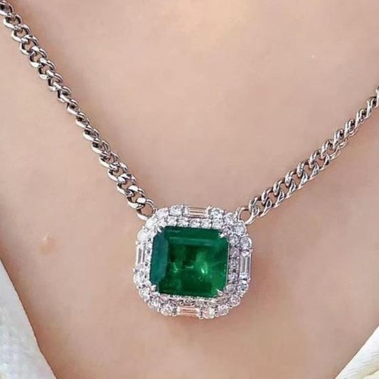 3.20Ct Green Emerald Cut Double Halo Pendant | Birthday Gift Pendant For Women | Surprise Gift Pendant For Her | Bridal Jewelry