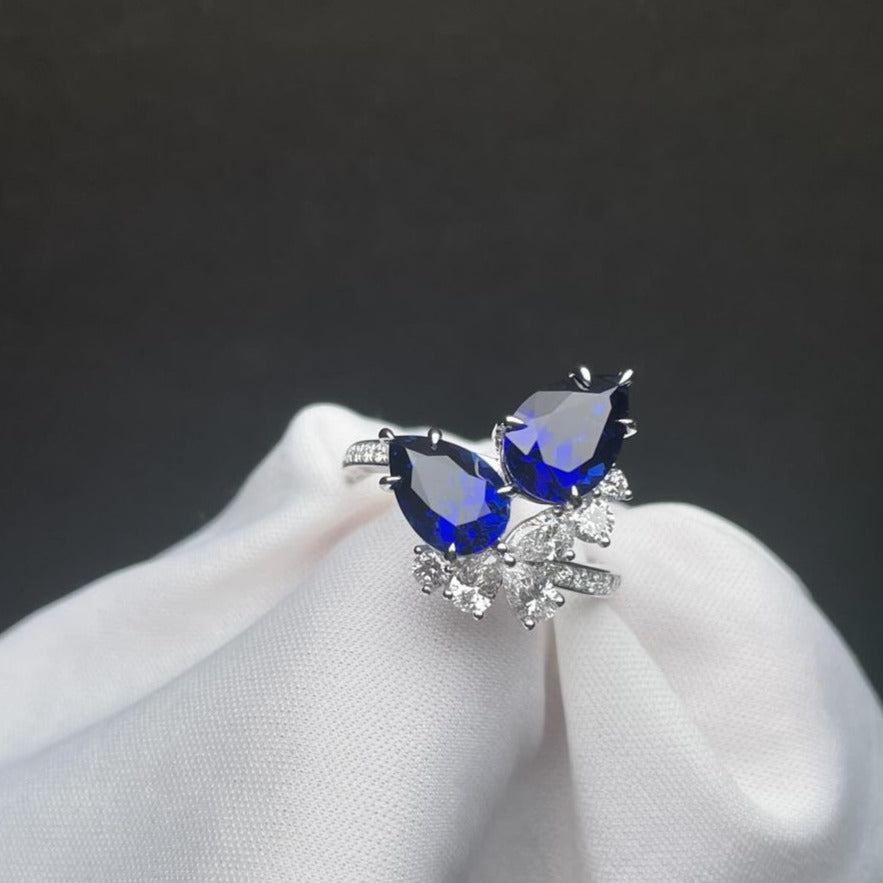 2.8Ct Blue Pear Cut Two Stone Ring | Special Occasion Ring | Fancy Ring | Women Jewelry