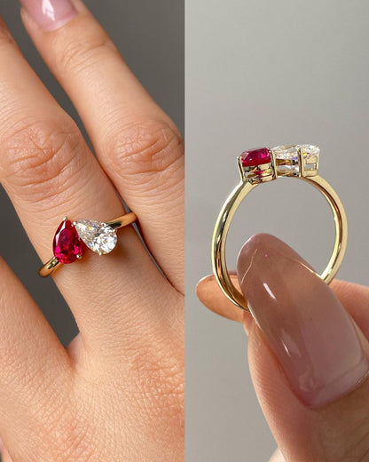 2.2Ct Red And White Pear Cut Two Stone Ring | Wedding Proposal Ring | Toi Et Moi Ring | Statement Ring
