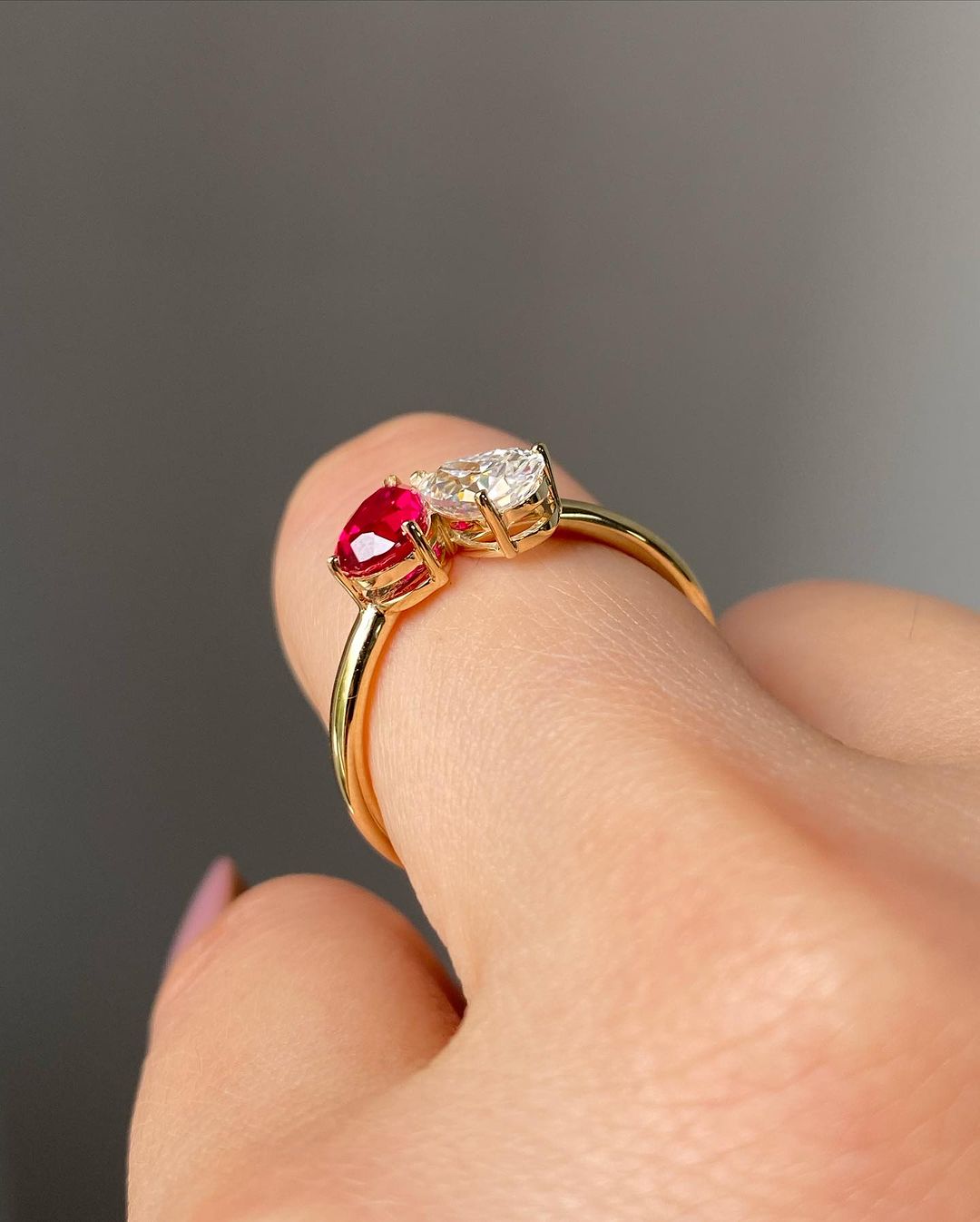 2.2Ct Red And White Pear Cut Two Stone Ring | Wedding Proposal Ring | Toi Et Moi Ring | Statement Ring