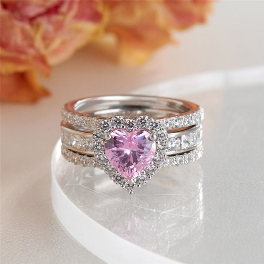 2.5Ct Pink Heart Cut Halo Ring | Anniversary Gift Ring Set For Wife | Unique Ring Set | Personalized Gift