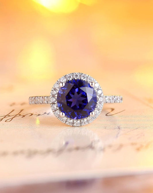 2.5Ct Blue Round Cut Halo Ring | Proposal Ring For Girlfriend | Glamorous Ring | Gift For Her