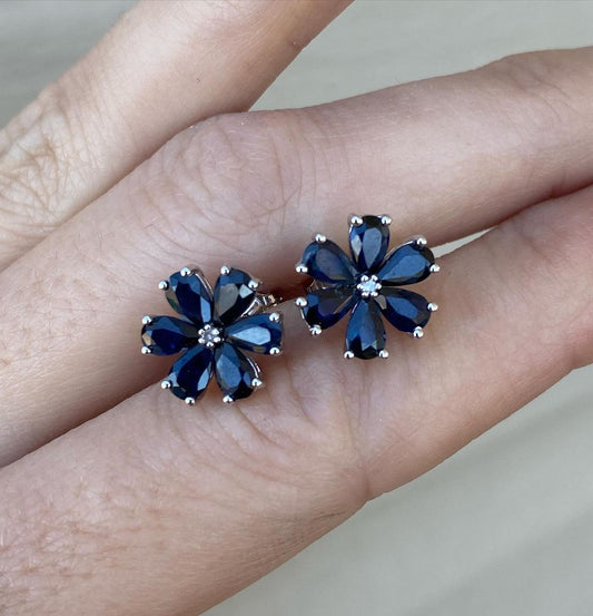 Flower Shape Blue Pear Cut Cubic Zirconia Cluster Stud Earring | Stylish Designer Earring For Women | Fashionable Gift Earring For Her | Glamorous Earring