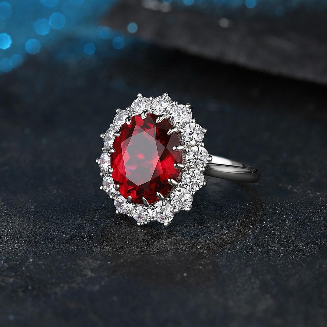 3.2CT Red Oval Cut Halo Ring | Wedding Ring For Bridal | Women's Fine Jewelry | Beautiful Ring