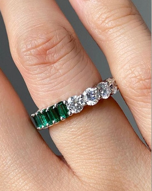 3.30Ct White Round And Green Emerald Cut Full Eternity Band Ring | Engagement Band Ring For Fiancée | Fashion Jewelry