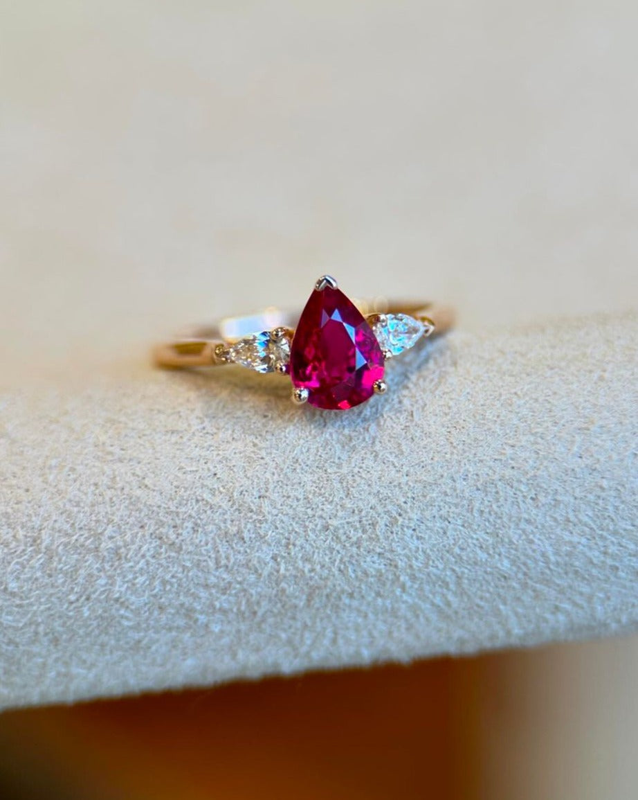 2.2CT Red Pear Cut Three Stone Ring | Anniversary Gift Ring For Wife | Gift For Her | Promise Ring