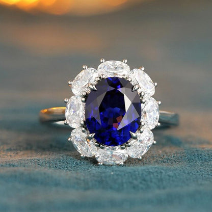 3.8CT Blue Oval Cut Halo Ring | Women's Fine Jewelry | Modern Bridal Wedding Ring | Surprise Gifts