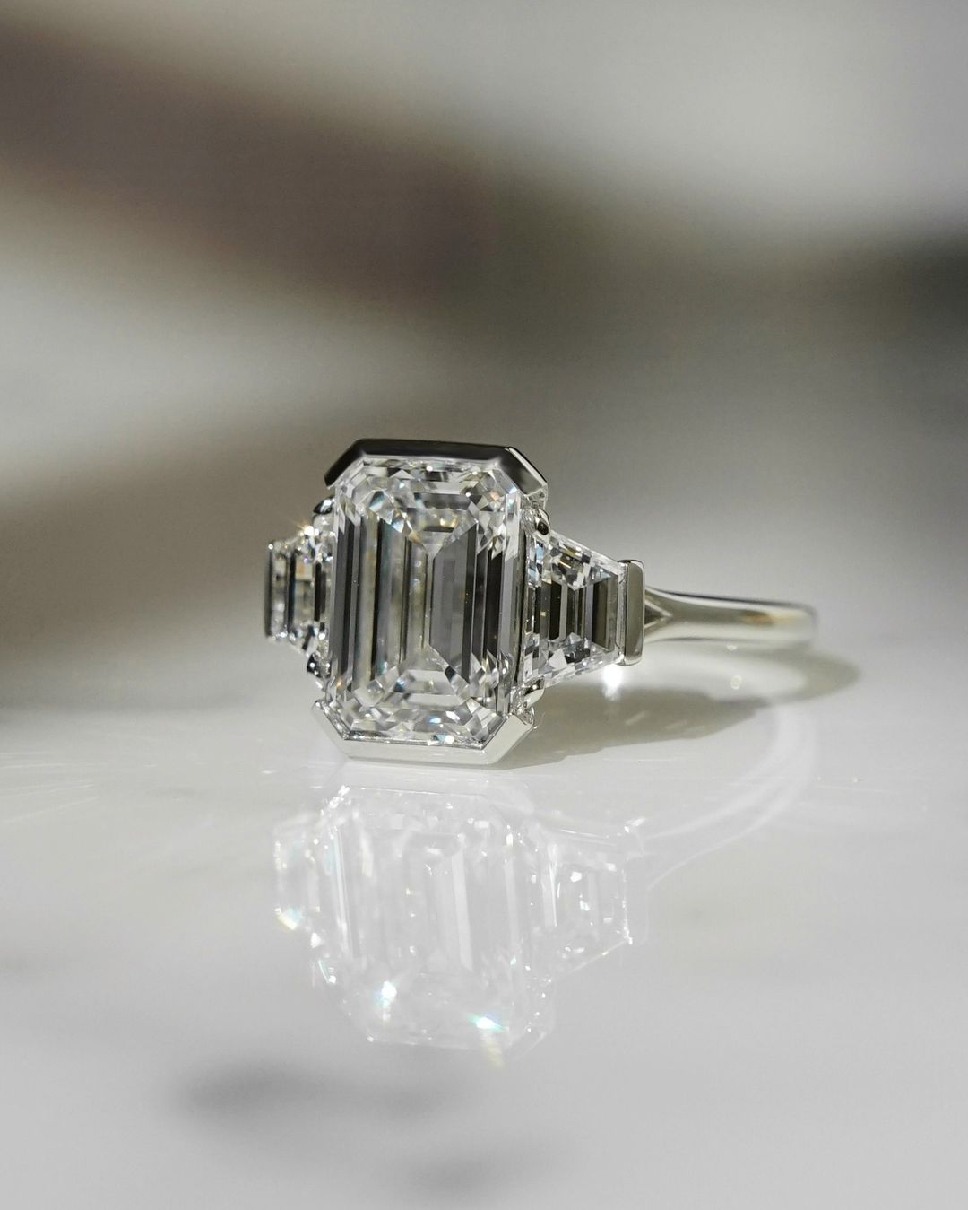 3.2Ct White Emerald Cut Half Bezel And Three Stone Ring | Engagement Ring For Fiancee | Proposal Ring For Her | Women Jewelry