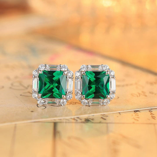 Green Asscher Cut Cubic Zirconia Halo Stud Earring | Modern Bridal Stud Earring | Square Cut Stud Earring For Girl