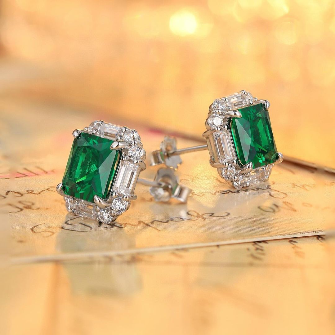 Green Asscher Cut Cubic Zirconia Halo Stud Earring | Modern Bridal Stud Earring | Square Cut Stud Earring For Girl