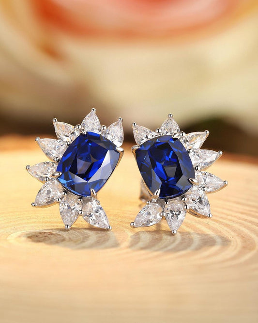 Blue Cushion Cut Cubic Zirconia Solitaire With Cluster Earrings | Bridal Wedding Gift Earring | Thank You Gift Earring For Women