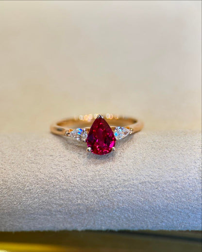 2.2CT Red Pear Cut Three Stone Ring | Anniversary Gift Ring For Wife | Gift For Her | Promise Ring