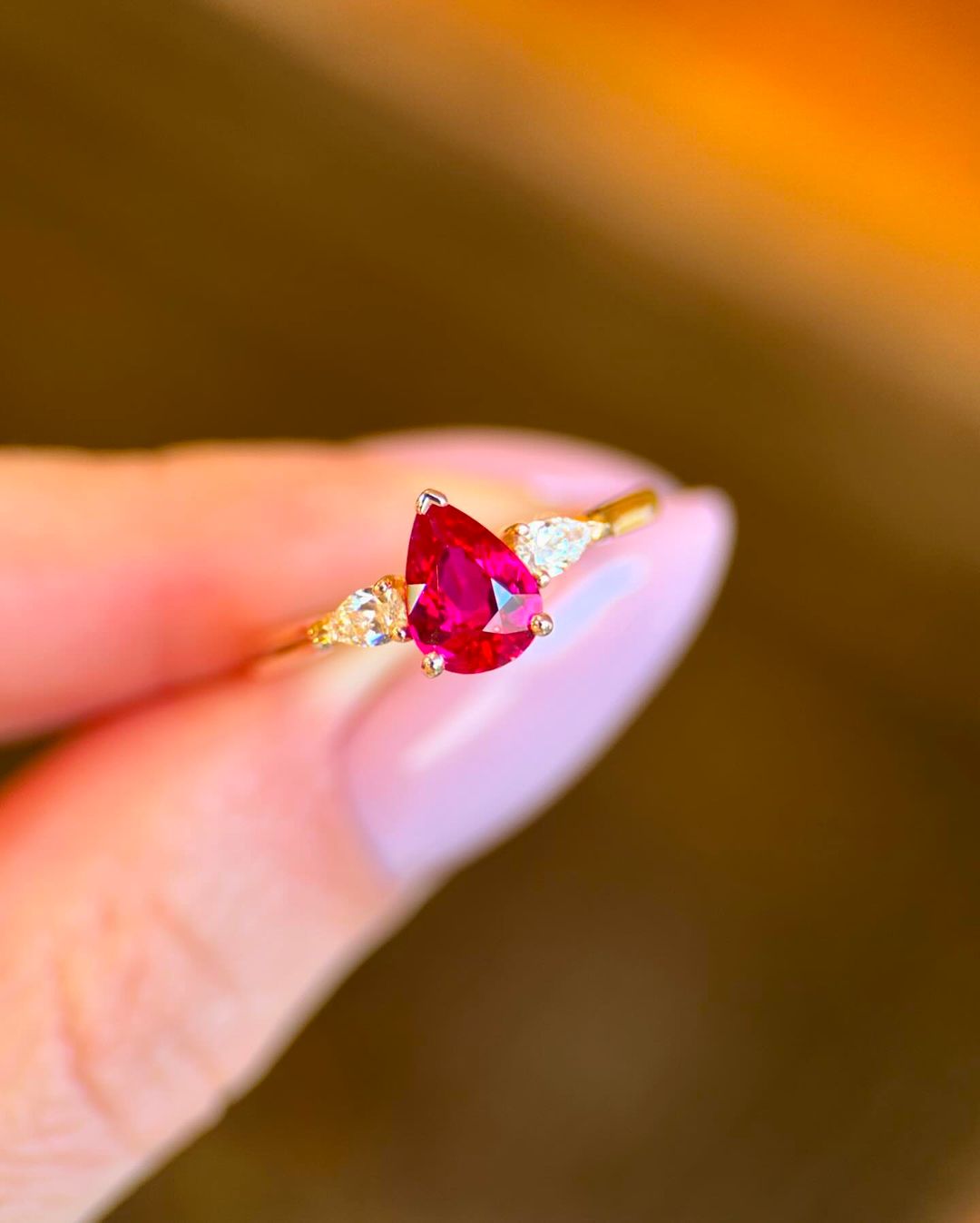 2.2CT Red Pear Cut Three Stone Ring | Anniversary Gift Ring For Wife | Gift For Her | Promise Ring