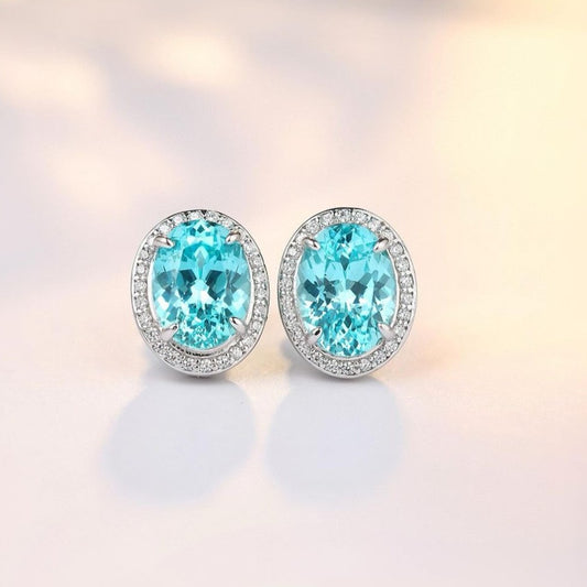 Aquamarine Oval Cut Cubic Zirconia Halo Stud Earring For Her | Push Back Stud Earring | Party Wear Earring For Women