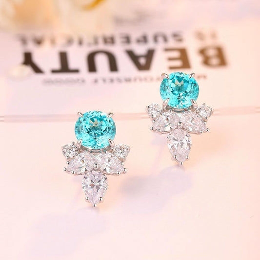 Aquamarine Round Cut Cubic Zirconia Solitaire With Cluster Earrings For Her | Bridesmaid Wedding Earring  | Stylish Earring For Women