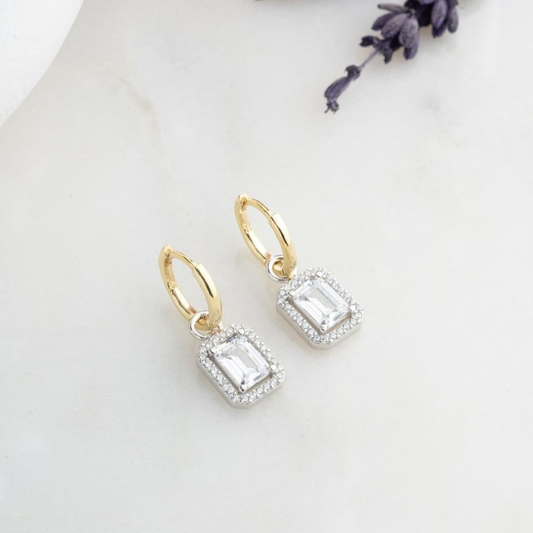 White Baguette Cut Cubic Zirconia Halo Setting Drop Earring For Her | Hoop Earring For Women | Stylish Earring Gift For Ladies