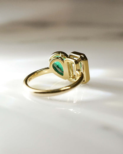 2.5Ct Green Pear And White Emerald Cut Bezel Set And Two Stone Ring | Toi Et Moi Ring | Birthstone Ring For Her | Stacking Ring For Women