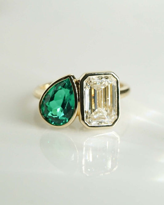 2.5Ct Green Pear And White Emerald Cut Bezel Set And Two Stone Ring | Toi Et Moi Ring | Birthstone Ring For Her | Stacking Ring For Women