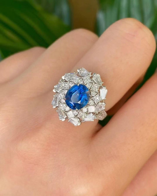 3.8CT Blue Oval Cut Cluster Ring | Party Wear Ring For Women | Designer Ring | Fashionable Ring