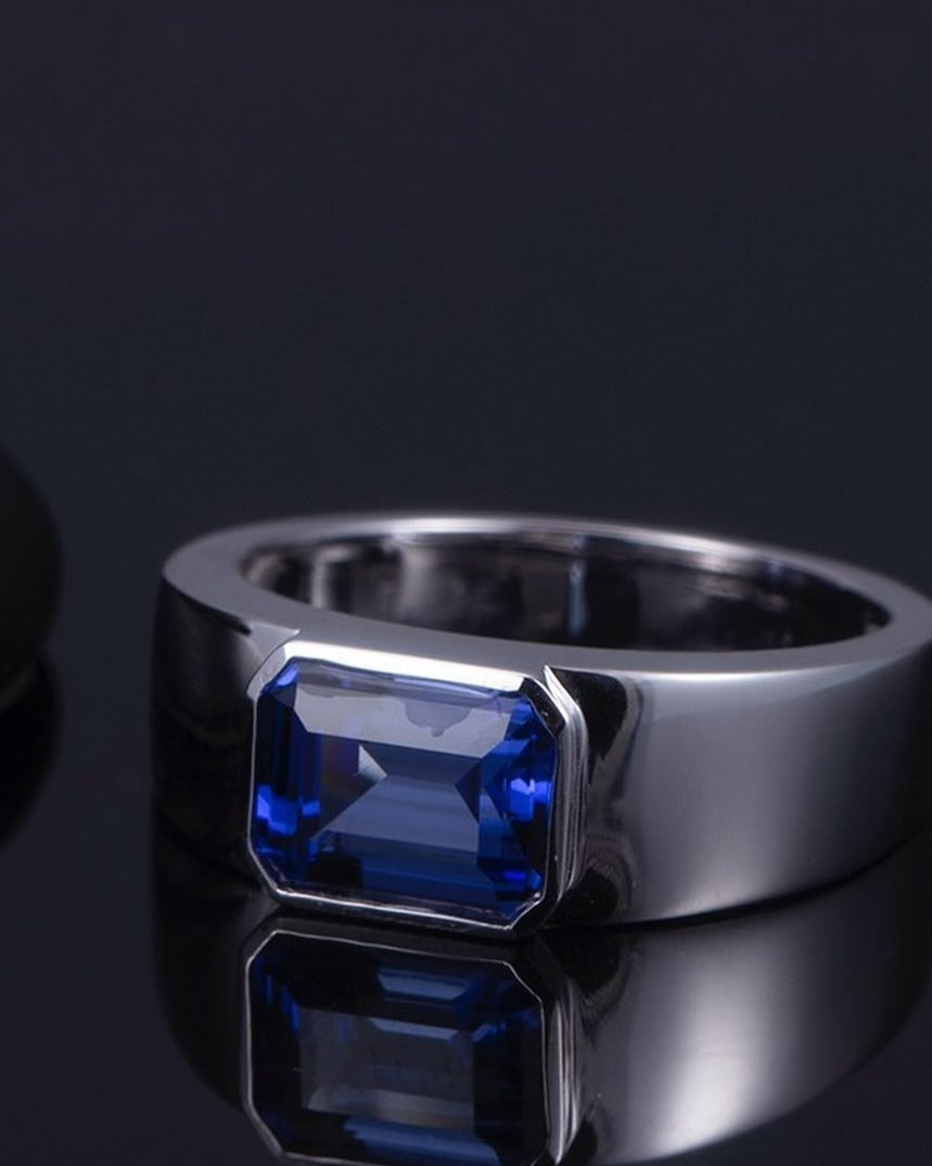 2.6CT Blue Emerald Cut Bezel Ring | Birthstone Ring For Women | Promise Ring | Luxury Jewelry