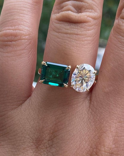 3.20Ct White Oval And Green Emerald Cut Two Stone Ring | Engagement Ring For Women | Toi Et Moi Ring