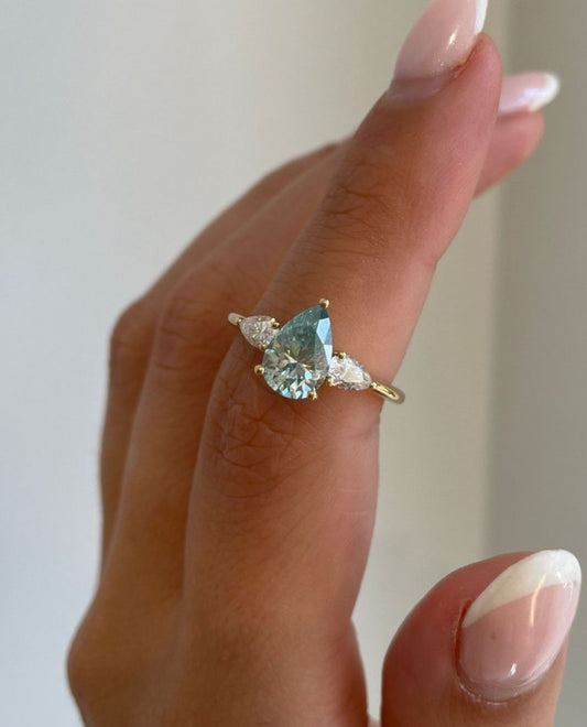 2.8Ct Aquamarine Pear Cut Three Stone Ring | Engagement Ring For Fiancee | Promise Ring | Customize Gift