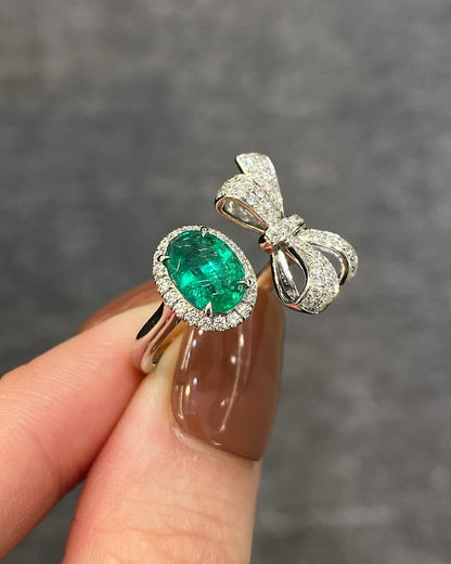 Bow Style 2.6Ct Green Oval Cut Halo Ring For Ladies | Open Cuff Ring For Her | Wedding Bridal Ring | Elegant Design Ring For Women