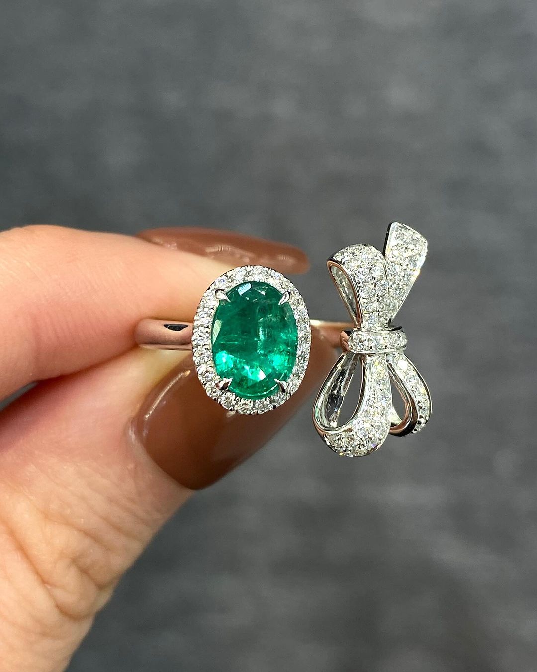 Bow Style 2.6Ct Green Oval Cut Halo Ring For Ladies | Open Cuff Ring For Her | Wedding Bridal Ring | Elegant Design Ring For Women