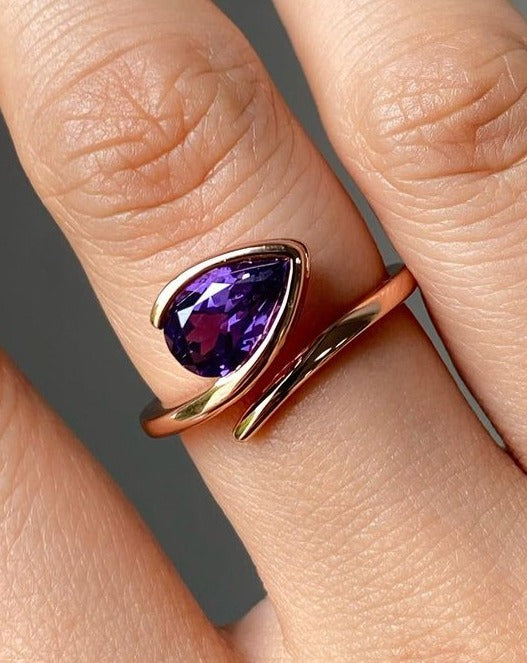 2.77Ct Amethyst Color Pear Cut Bezel Ring | Unique Ring For Women | Special Occasion Ring