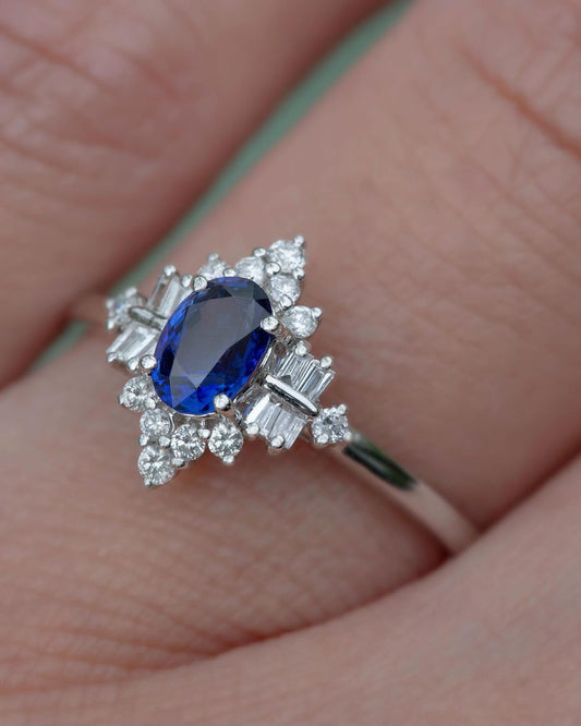 2.5Ct Blue Oval Cut Solitaire With Cluster Ring | Party Wear Ring For Women | Beautiful Ring For Women | Modern Bridal Ring