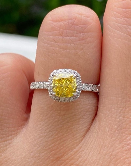 2.77Ct Yellow Cushion Cut Halo Ring | Birthday Gift Ring For Mother | Women Jewelry