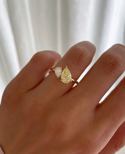 2.2Ct White And Canary Yellow Pear Cut Two Stone Ring For Women | Birthstone Gift Ring For Mother | Toi Et Moi Ring For Her | Statement Ring