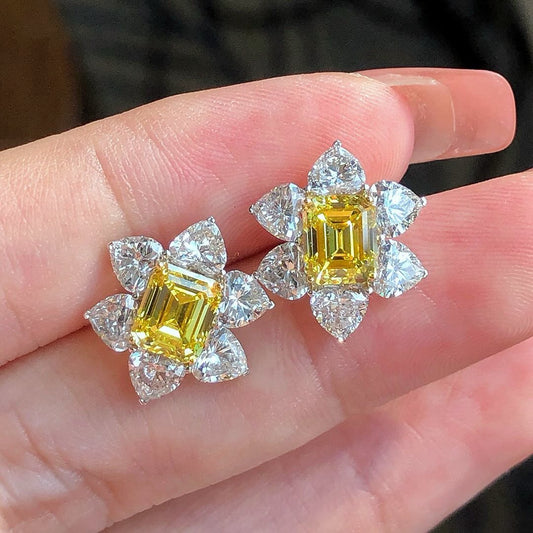 Canary Yellow Emerald Cut Cubic Zirconia Solitaire With Cluster Stud Earrings For Her | Engagement Bridal Gift Earring | Fashion Jewelry Collection For Women