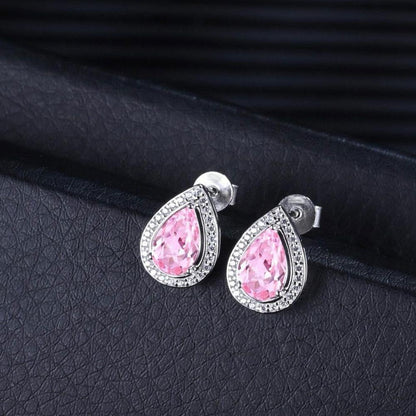 Pink Pear Cut Cubic Zirconia Halo Set Stud Earrings | Birthstone Gift Stud Earring For Her | Simple Design Earring For Ladies