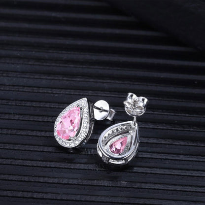 Pink Pear Cut Cubic Zirconia Halo Set Stud Earrings | Birthstone Gift Stud Earring For Her | Simple Design Earring For Ladies