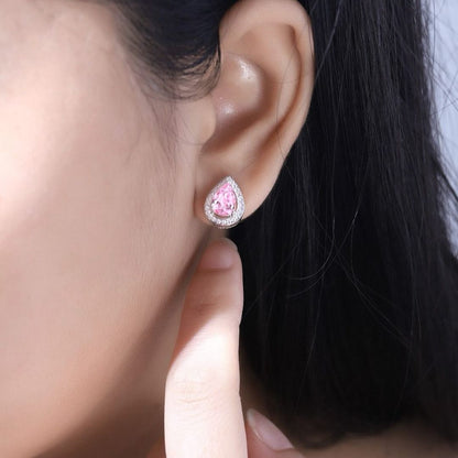 Pink Pear Cut Cubic Zirconia Halo Set Stud Earrings | Birthstone Gift Stud Earring For Her | Simple Design Earring For Ladies