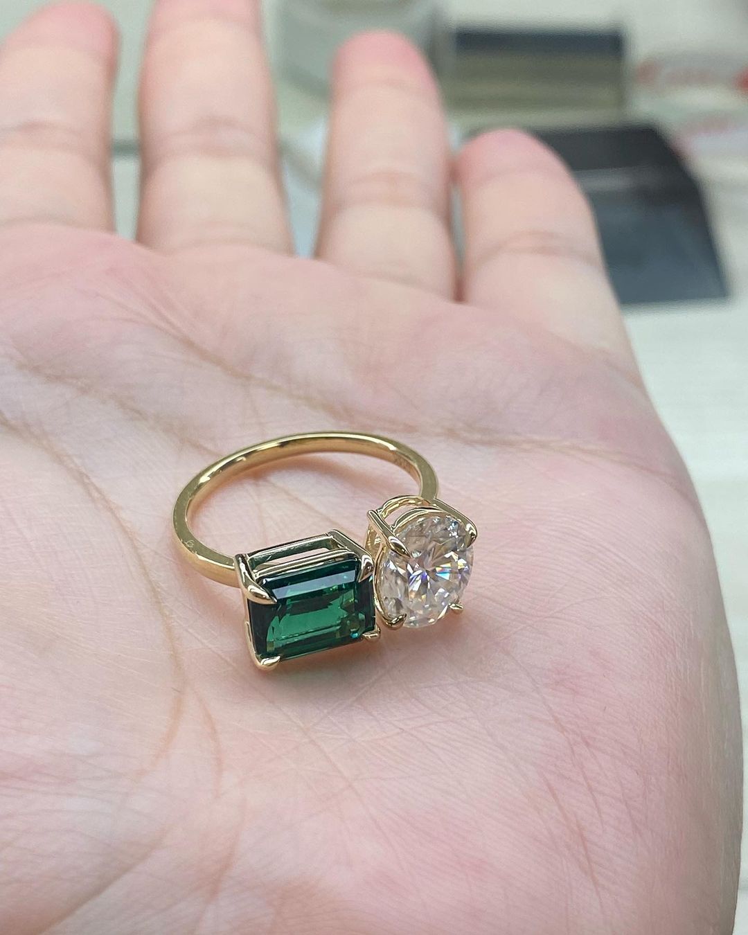 3.20Ct White Oval And Green Emerald Cut Two Stone Ring | Engagement Ring For Women | Toi Et Moi Ring