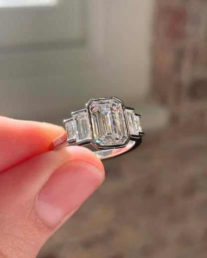 3.2Ct White Emerald Cut Bezel And Five Stone Ring | Wedding Ring For Bridal | Designer Ring For Her | Classy Ring