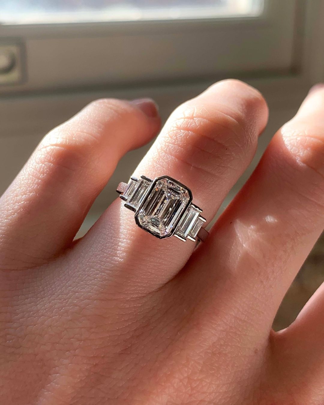 3.2Ct White Emerald Cut Bezel And Five Stone Ring | Wedding Ring For Bridal | Designer Ring For Her | Classy Ring